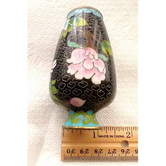 Cloisonne Vase Tiny Vintage Chinese Black Pink Green Blue Floral Design - Picture 9 of 10
